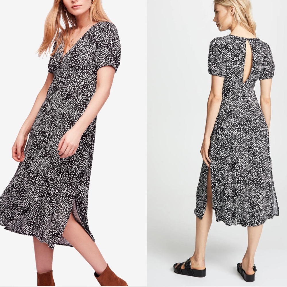 NWT FREE PEOPLE LOOKING FOR LOVE PRINTED BLACK MIDI DRESS size 2